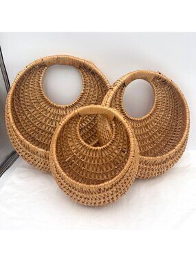 Set Of Three Handwoven Circular Rattan Baskets With Handles Rustic Boho Wall Dec